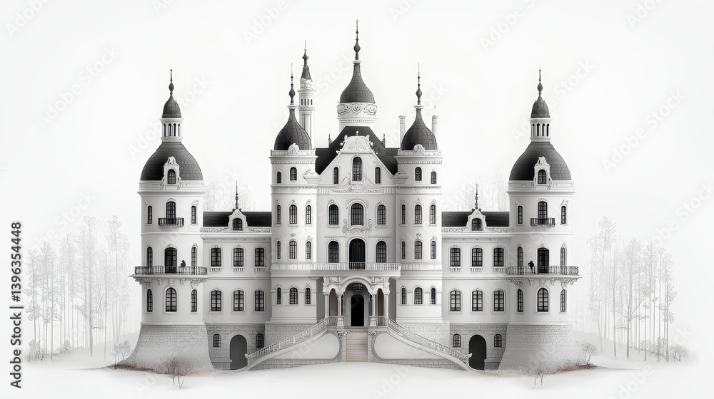 Monochromatic Castle Rendering Grand Architecture with Intricate Details Monochromatic Castle Rendering Grand Architecture with Intricate Details
