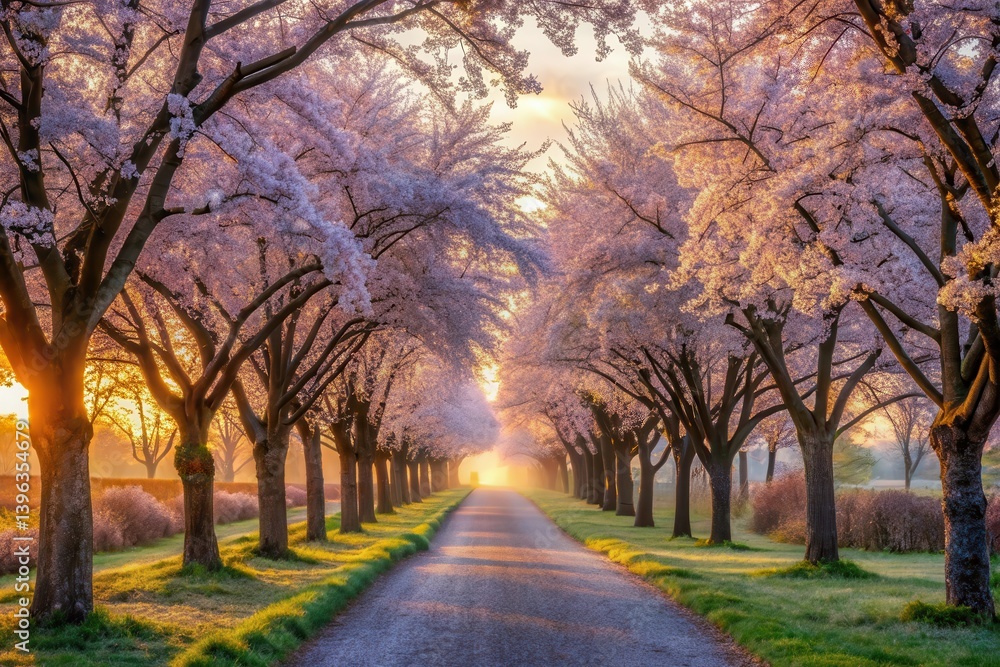 Naklejka premium A Serene Pathway Lined with Blossoming Trees at Sunrise, Bathed in Golden Light and Gentle Morning Mist