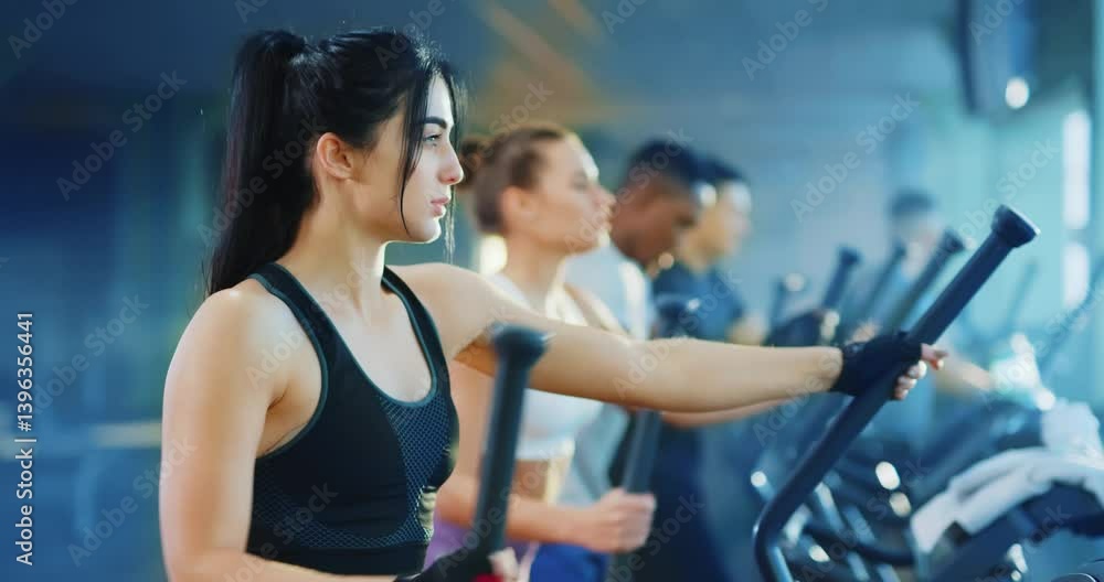 Fitness enthusiasts are actively engaging and working out on cardio machines inside a modern gym Fitness enthusiasts are actively engaging and working out on cardio machines inside a modern gym