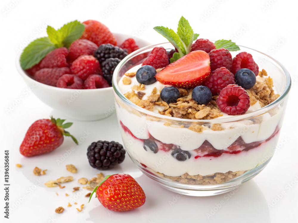 A delightful layered parfait brimming with fresh berries, creamy yogurt, and crunchy granola, a perfect summer breakfast or healthy treat in a clear glass bowl with soft lighting. A delightful layered parfait brimming with fresh berries, creamy yogurt, and crunchy granola, a perfect summer breakfast or healthy treat in a clear glass bowl with soft lighting.