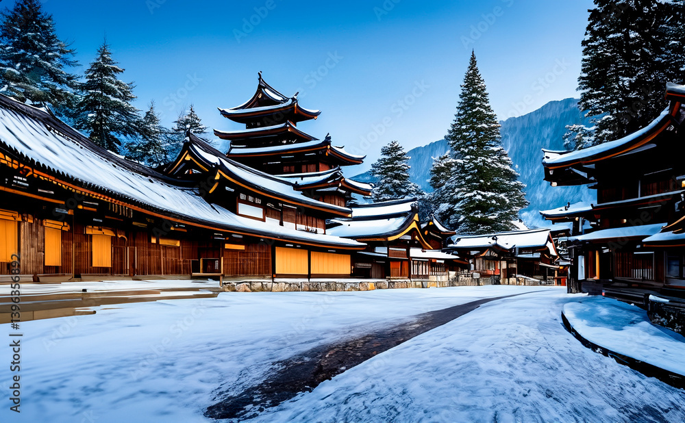 Snow covered Japanese village in the mountains Generated image