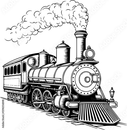 hand drawn steam locomotive - vintage  train coloring page illustration