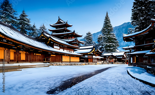 Obraz na płótnie Snow covered Japanese village in the mountains Generated image w salonie