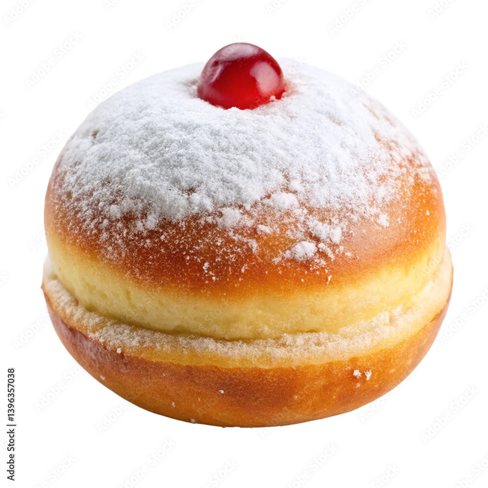 A Delicious Sufganiyot Jelly Donut Topped with Powdered Sugar and a Red Jelly Center A Delicious Sufganiyot Jelly Donut Topped with Powdered Sugar and a Red Jelly Center