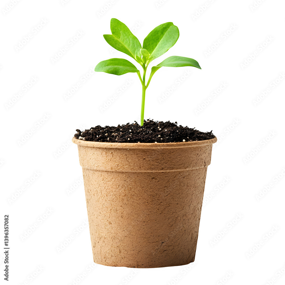 Compostable garden pot with sprouting plant isolated on white background Compostable garden pot with sprouting plant isolated on white background