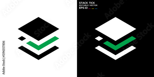 Stack tick logo. Layer, page, check, success. Vector icon symbol design template EPS 10.