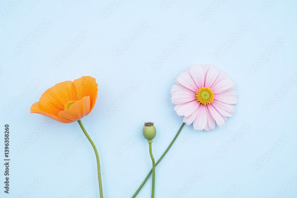 Naklejka premium two orange and pink flowers on a blue background