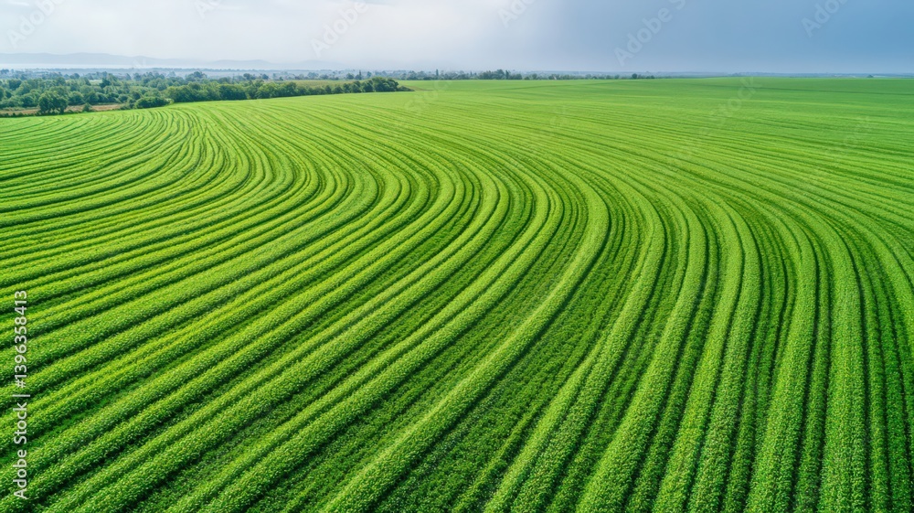 Aerial View of Lush Green Agricultural Field with Curved Rows Aerial View of Lush Green Agricultural Field with Curved Rows