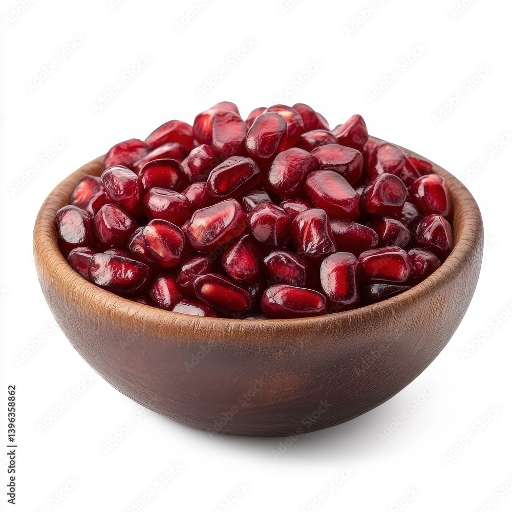 Pomegranate seeds filling a wooden bowl on a white background on transparent background Pomegranate seeds filling a wooden bowl on a white background on transparent background
