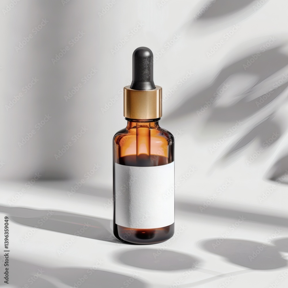 Naklejka premium Amber dropper bottle with black cap on white background