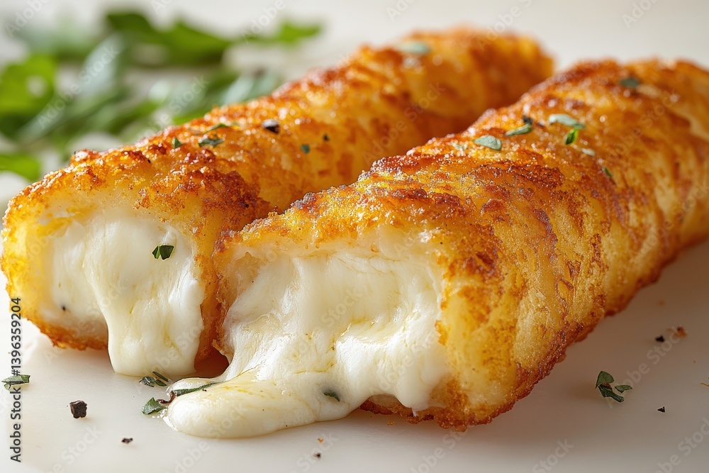 Crispy fried cheese sticks, gooey mozzarella filling Crispy fried cheese sticks, gooey mozzarella filling