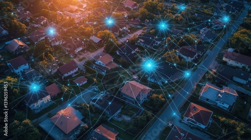 Connected community visualized with network lines across residential neighborhood