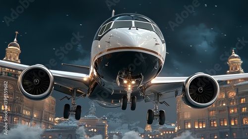 Wallpaper Mural Passenger Plane Descending Over Snowy City at Night Torontodigital.ca