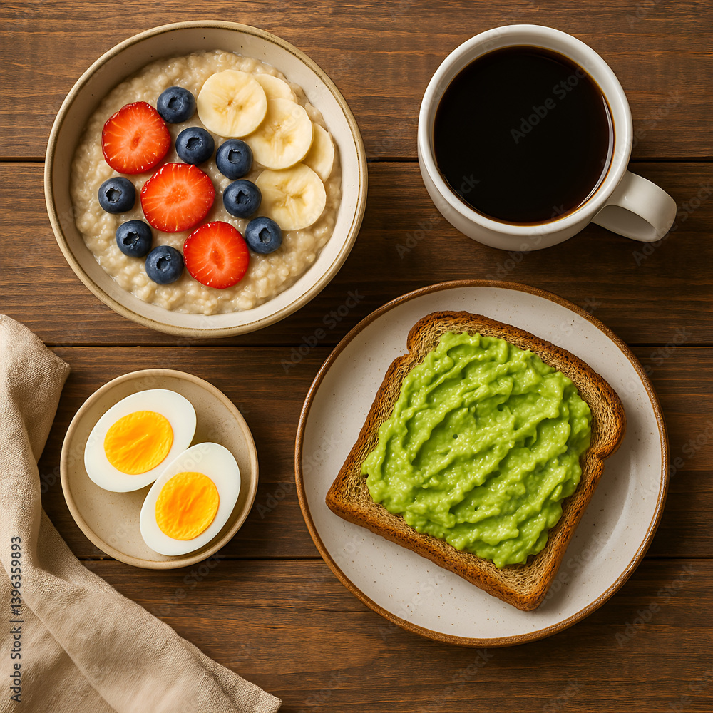 Healthy Breakfast Platter with Avocado Toast, Boiled Eggs, Vegetables, and Coffee on Wooden Table – Top View Healthy Breakfast Platter with Avocado Toast, Boiled Eggs, Vegetables, and Coffee on Wooden Table – Top View