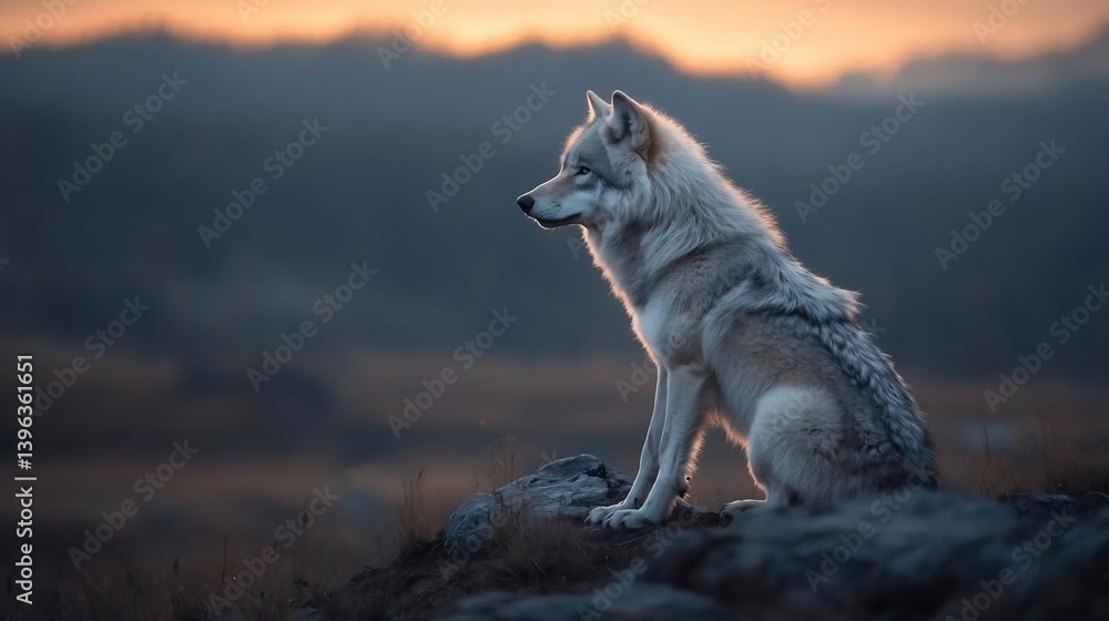 A lone wolf sits on a rock at sunset, gazing into the distance. Warm golden light illuminates the wolf against a blurred mountain background. The overall mood is serene and peaceful A lone wolf sits on a rock at sunset, gazing into the distance. Warm golden light illuminates the wolf against a blurred mountain background. The overall mood is serene and peaceful