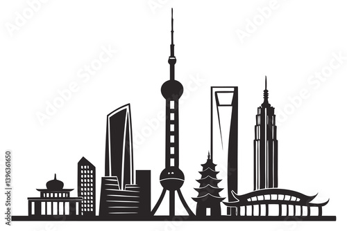 Shanghai's skyline features tall skyscraper silhouettes against the Asian sky
