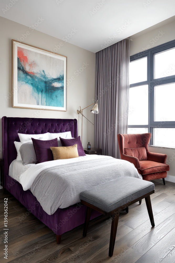 Fototapeta premium A sophisticated bedroom showcasing a royal purple velvet bed frame, muted creamy beige walls, and espresso-stained wooden floors