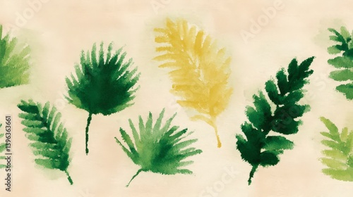 Watercolor Tropical Palm Leaves  Jungle Pattern  Nature Design  Green Gold Beige