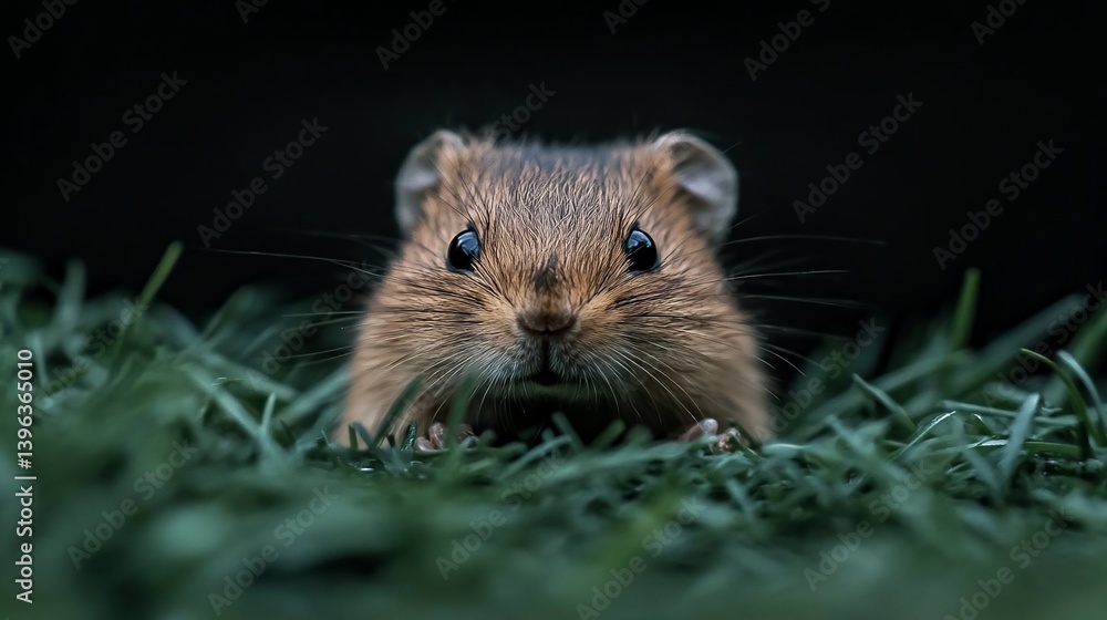 Close-up of a small brown rodent peering from green grass against a dark background. The rodent's fur is wet, and its eyes are dark and expressive Close-up of a small brown rodent peering from green grass against a dark background. The rodent's fur is wet, and its eyes are dark and expressive