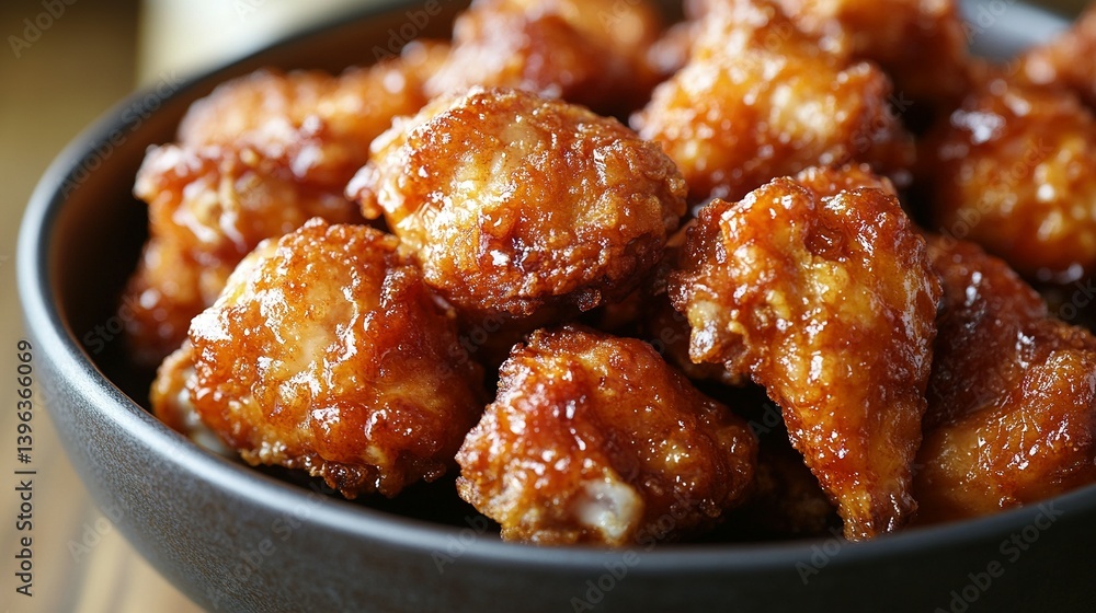 Crispy, caramelized chicken pieces in a dark bowl. Crispy, caramelized chicken pieces in a dark bowl.