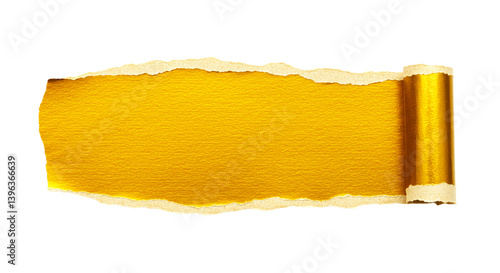 A torn golden paper revealing a bright yellow background on a black surface with rolled edge design