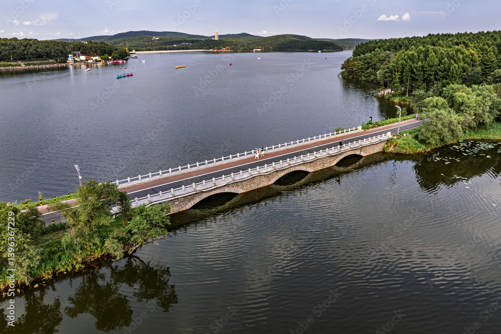 Obraz premium Aerial view of Jingyuetan National Forest Park in Changchun, China