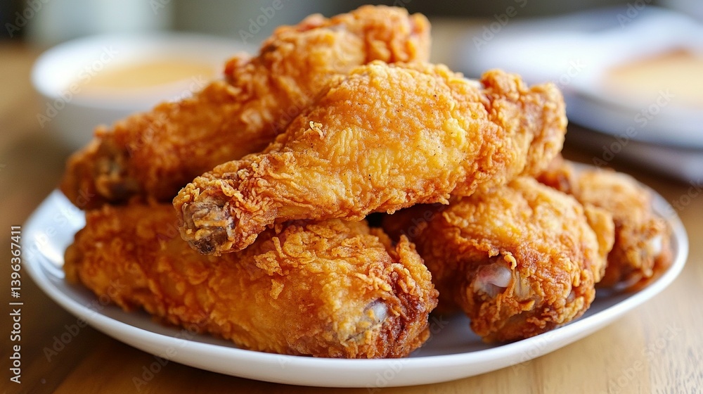 A close-up view of golden-brown, crispy fried chicken pieces. A close-up view of golden-brown, crispy fried chicken pieces.