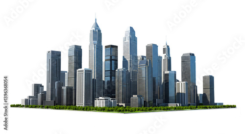 Skyline view of a modern city with tall skyscrapers against a black background on a sunny day scene