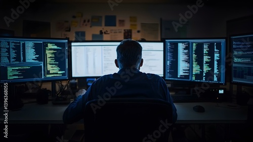 Wallpaper Mural Programmer working late at night, surrounded by multiple computer screens displaying lines of code.  Image depicts dedication and hard work in software development. Torontodigital.ca