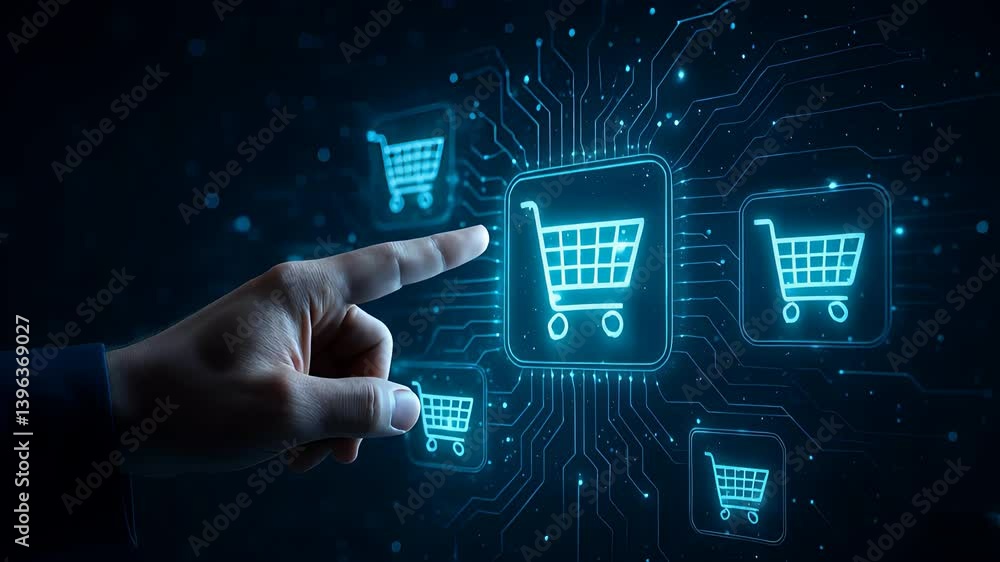 Person Selecting Digital Shopping Cart Icon from Digital Interface for Online Shopping Experience
Person Selecting Digital Shopping Cart Icon from Digital Interface for Online Shopping Experience