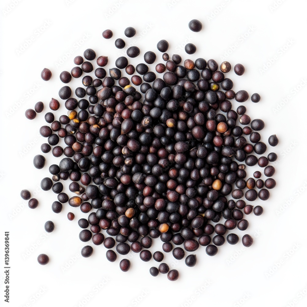 Close up view of a pile of small dark brown and black round seeds on transparent background Close up view of a pile of small dark brown and black round seeds on transparent background