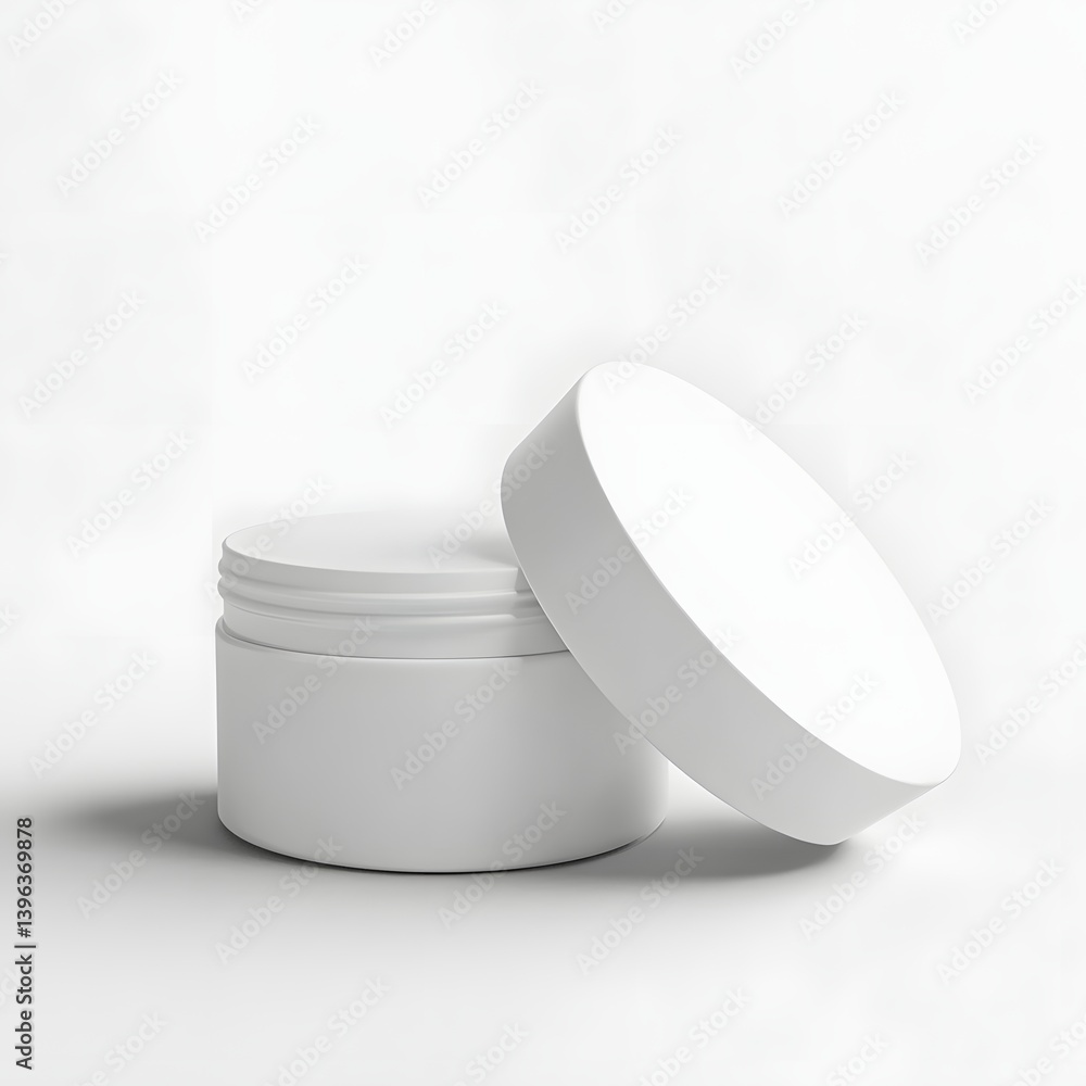 A simplistic white cosmetic jar with its lid slightly askew. Ideal for beauty products, creams, or lotions, set against a pristine background. A simplistic white cosmetic jar with its lid slightly askew. Ideal for beauty products, creams, or lotions, set against a pristine background.
