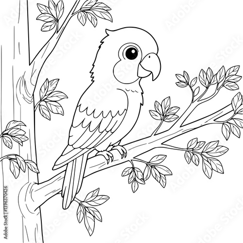 Bird Illustration, drawing book, coloring page for kids. Black and white.