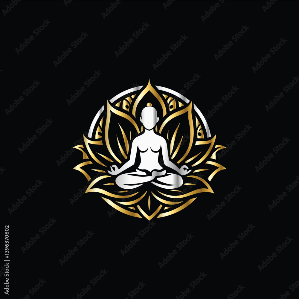 Obraz premium Yoga logo. Meditation symbol. Lotus position. Vector illustration. Yoga lotus and lotus flower vector logo. Meditation symbol.