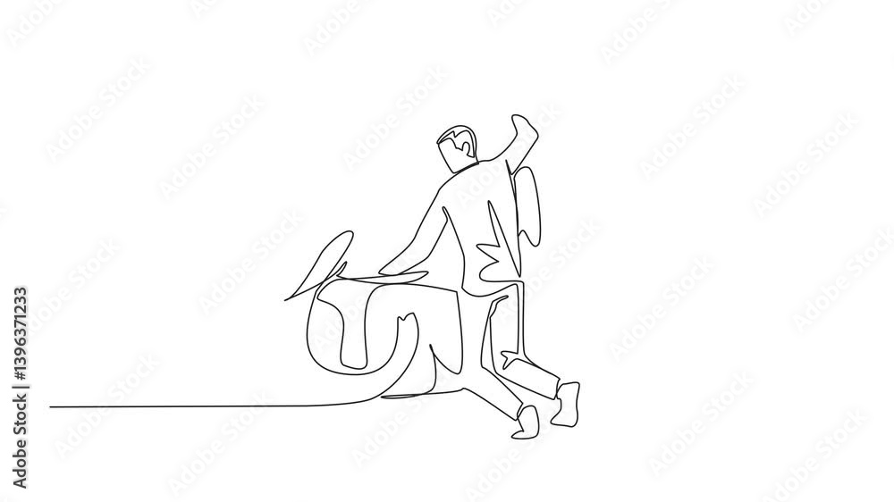 Self drawing animation of single line drawing a man hugging neck of sitting elephant. Expressions of affection before released into their natural habitat. Save The Elephant Day. Full length animated Self drawing animation of single line drawing a man hugging neck of sitting elephant. Expressions of affection before released into their natural habitat. Save The Elephant Day. Full length animated
