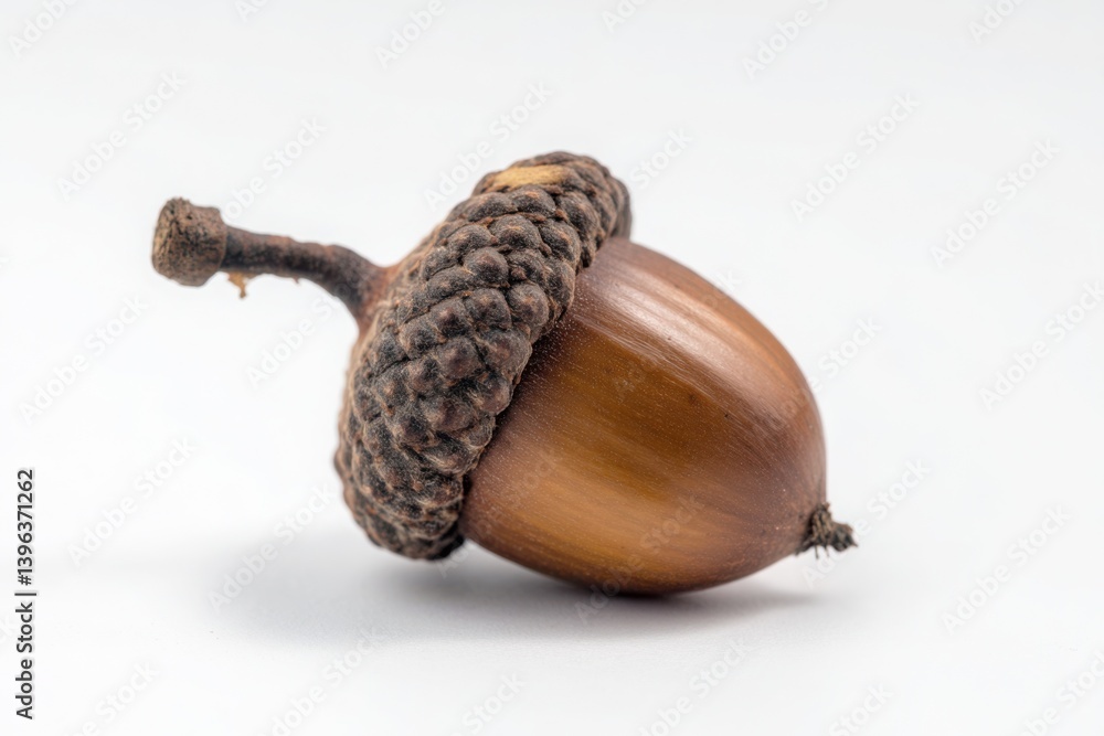 Macro Photo of a Single Acorn with Cap on White Background. Autumn, Fall, Nature, Seed, Nut, Close-up. Macro Photo of a Single Acorn with Cap on White Background. Autumn, Fall, Nature, Seed, Nut, Close-up.