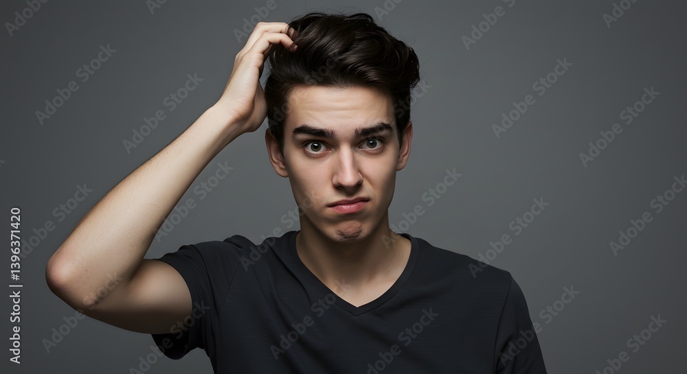 Young man with puzzled expression, scratching his head and raising one eyebrow, neutral background, concept of doubt or question Young man with puzzled expression, scratching his head and raising one eyebrow, neutral background, concept of doubt or question