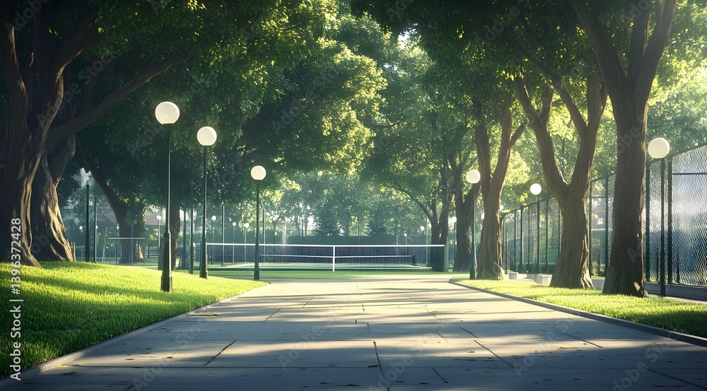Obraz premium Pathway in a park with trees and streetlights on a sunny day.