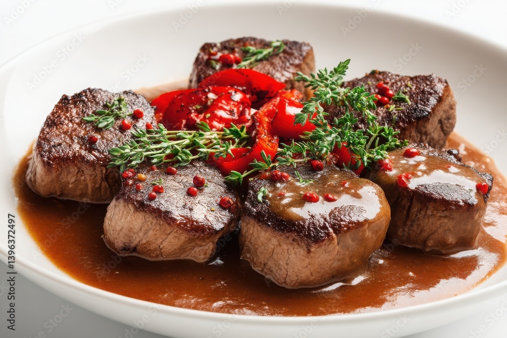 Seared Beef Filet Medallions with Red Peppers, Thyme & Gravy - Food Photography, Gourmet Meal, Elegant White Plate, Restaurant Menu Seared Beef Filet Medallions with Red Peppers, Thyme & Gravy - Food Photography, Gourmet Meal, Elegant White Plate, Restaurant Menu