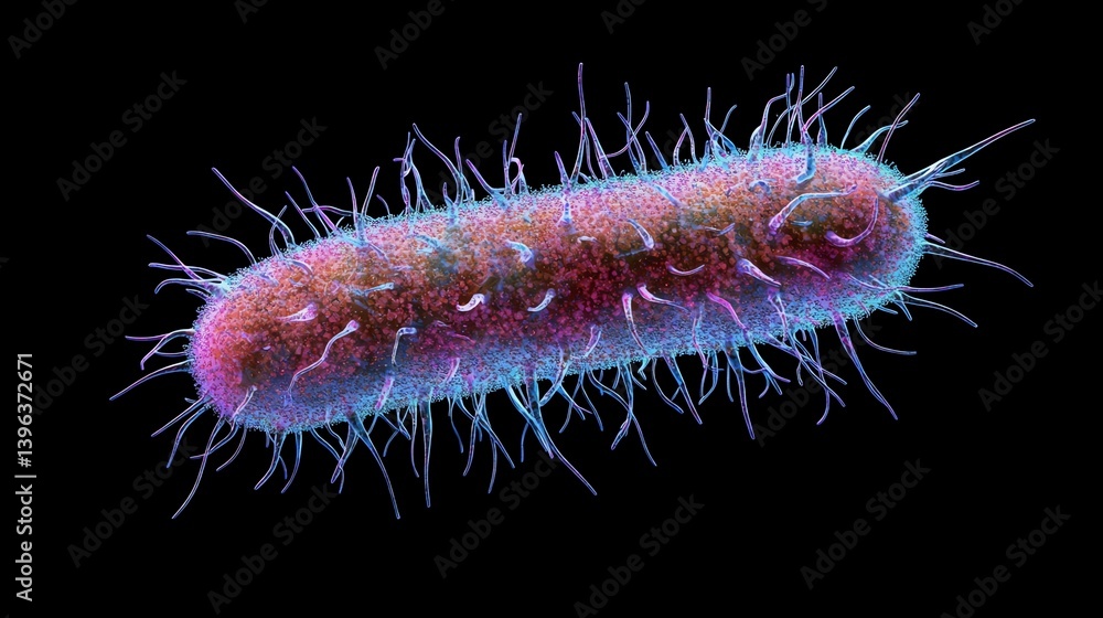 Close-up of a Rod-shaped Bacterium with Pili and Flagella on Black Close-up of a Rod-shaped Bacterium with Pili and Flagella on Black