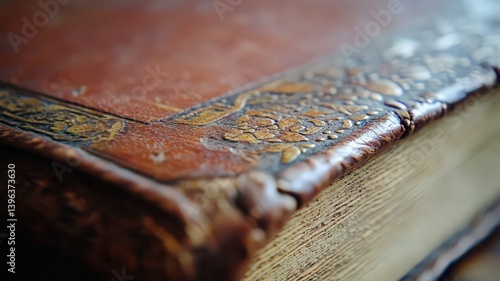 Aged Leather Book with Gold Leaf Embellishments Detailed Close Up View Pages of History Knowledge and Wisdom Study of Literature in a Classic Style