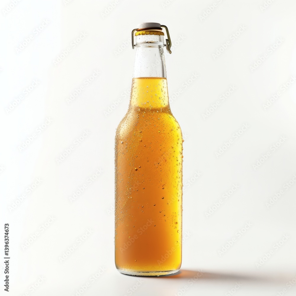 Amber glass kombucha bottle with white label on white background Amber glass kombucha bottle with white label on white background