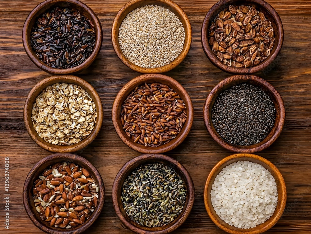 Nine bowls of various grains and seeds on a wooden background. Healthy food concept. Nine bowls of various grains and seeds on a wooden background. Healthy food concept.