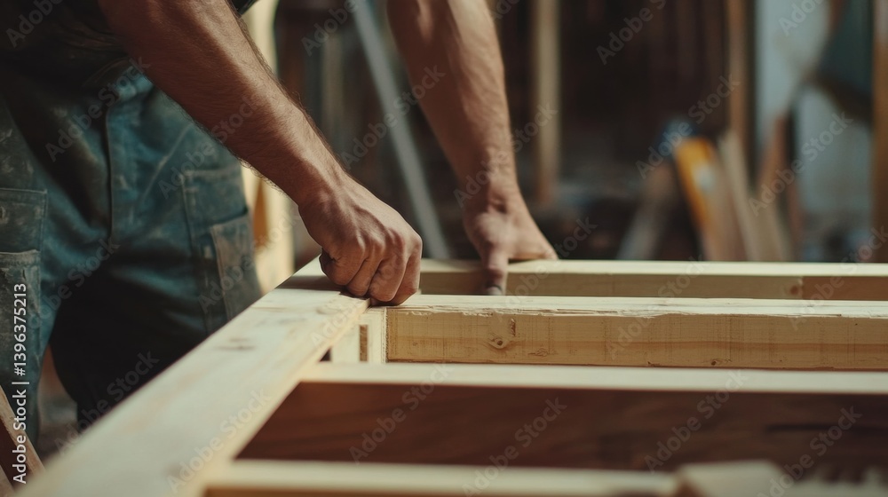 A carpenter installing a wooden door frame at a construction site. Featuring precision and skill A carpenter installing a wooden door frame at a construction site. Featuring precision and skill