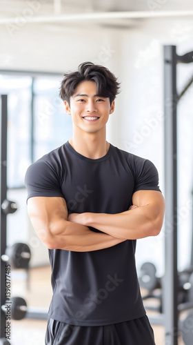 日本人 男性 アジア人 ムキムキ 筋肉 パーソナル トレーナー スマイル ジム バストショット 黒 灰色 白 背景