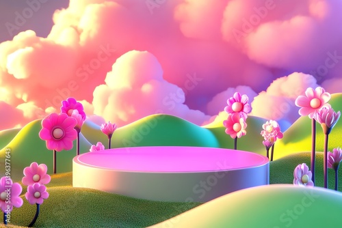 Pink Product Podium in Dreamy Landscape with Flowers and Pastel Clouds