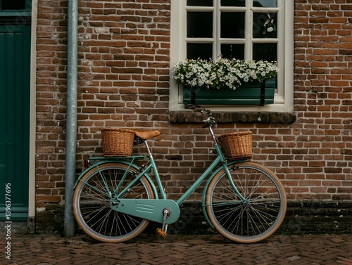 Teal bicycle with wicker baskets parked against a brick wall with flowers.