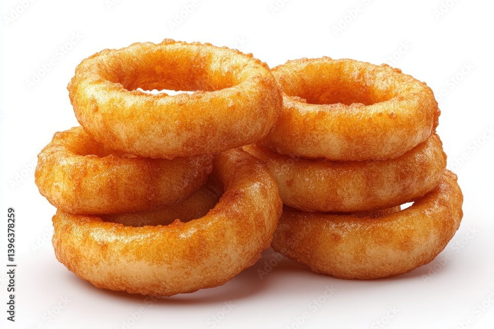 Crispy golden onion rings stacked high, ready to eat Crispy golden onion rings stacked high, ready to eat