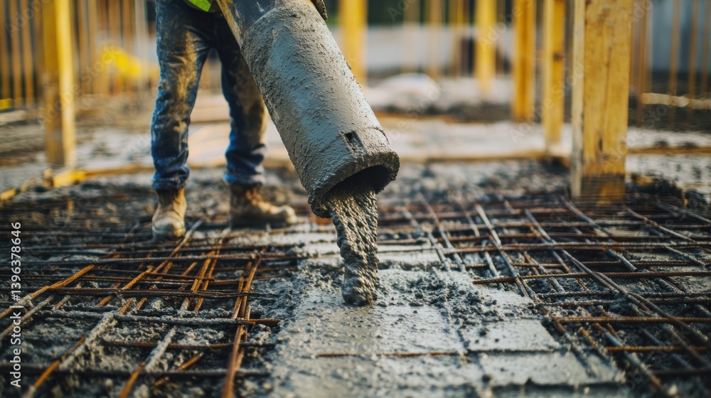 A concrete worker pouring concrete into molds for a foundation. Featuring teamwork and precision A concrete worker pouring concrete into molds for a foundation. Featuring teamwork and precision