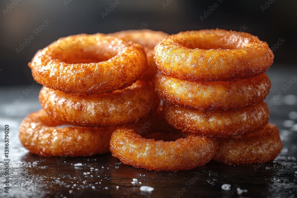 Crispy golden onion rings stacked high, sprinkled with salt Crispy golden onion rings stacked high, sprinkled with salt